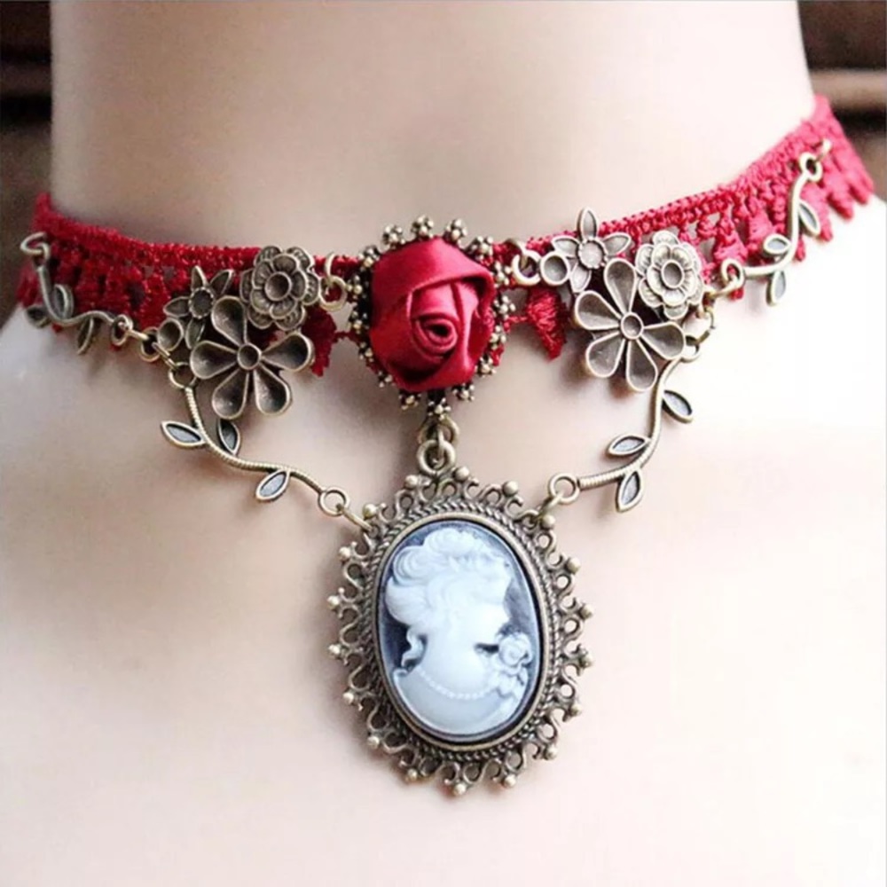 New Red Lace Cameo Choker Necklace